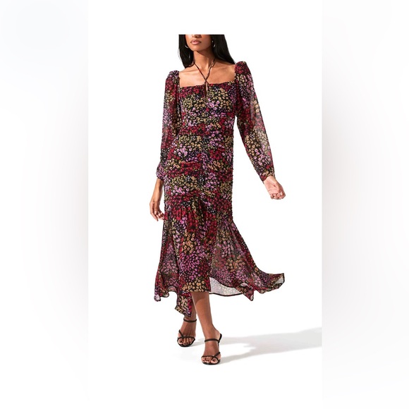 Astr Dresses & Skirts - Astr Floral Midi Dress in Black with Pink & Green Accents